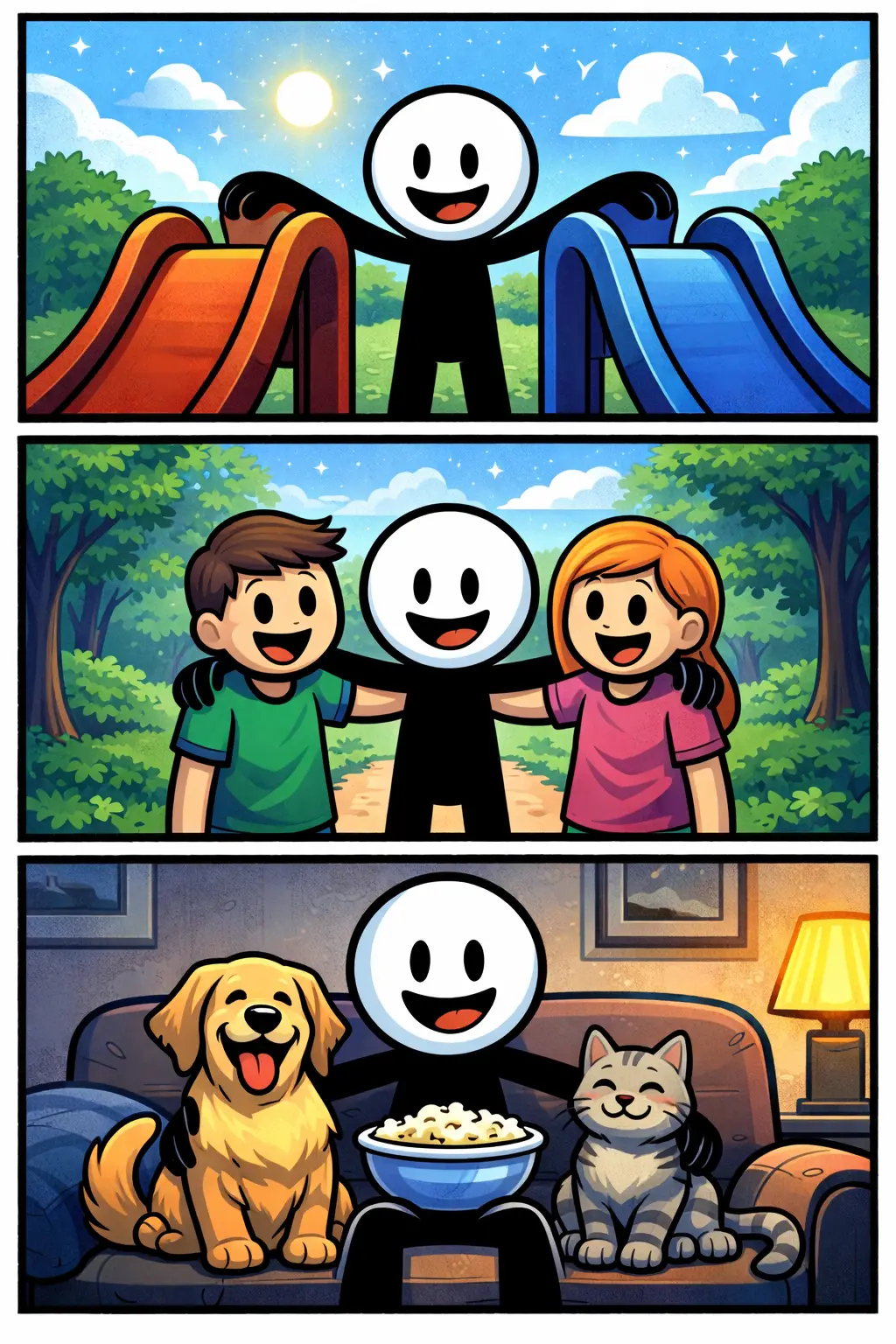 Een strip met drie panelen waarin een stickman zich telkens tussen twee objecten bevindt: eerst staat hij tussen twee bomen, daarna loopt hij tussen twee muren en tenslotte zit hij ontspannen tussen twee kussens op een bank.