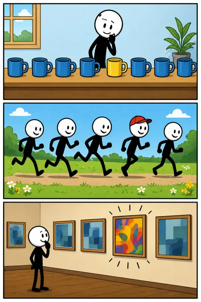 Drie panelen met een stickman met witte kop en zwart lichaam die een uitzondering laat zien: in een rij identieke figuren staat één figuur anders gekleurd, daarna wijst een groep naar die ene afwijkende, en in het laatste paneel staat die uitzondering trots apart in een ander decor.