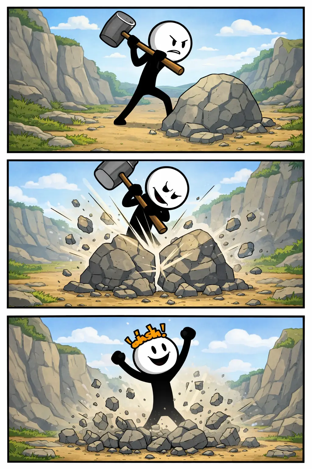 Een stickman verbrijzelt een object: eerst tilt hij een steen op, daarna slaat hij krachtig op een voorwerp dat barst, en tot slot liggen er kleine stukjes verspreid op de grond terwijl hij tevreden kijkt.