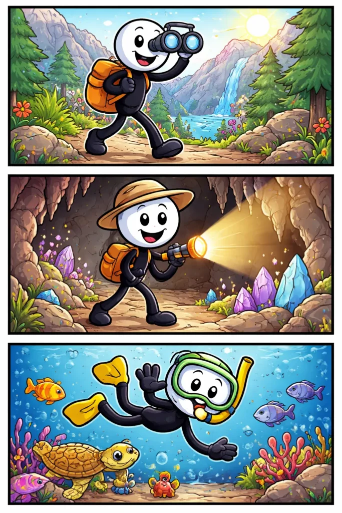 Stickman met rugzak verkent een bergpad, ontdekt een grot met kristallen en zwemt daarna tussen vissen onder water tijdens het verkennen