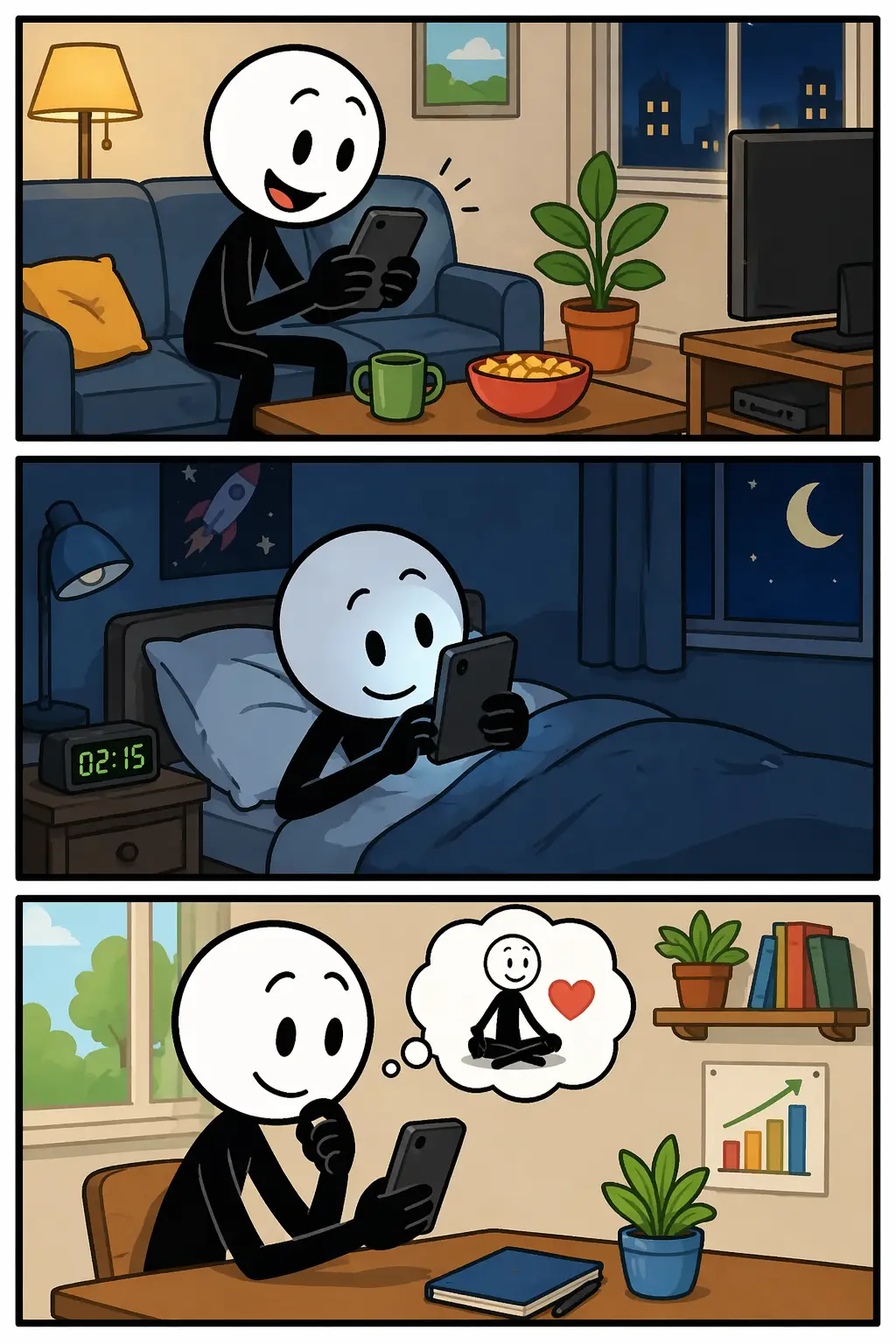 Een strip met drie panelen in Toonwords-stijl over verslaafd: een stickman gebruikt herhaaldelijk een telefoon op de bank, ligt ’s nachts wakker ermee in bed en denkt overdag nog steeds aan het gebruik terwijl hij probeert te ontspannen.