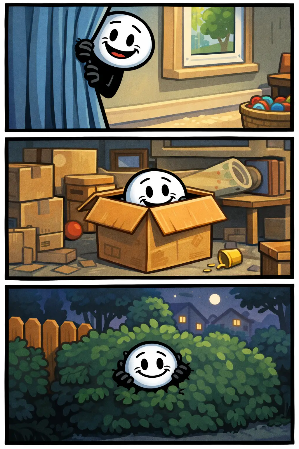 Een stickman probeert zich te verstoppen achter een bank, kruipt daarna in een kast, en wordt in het laatste paneel half zichtbaar ontdekt terwijl hij zich verstopt.
