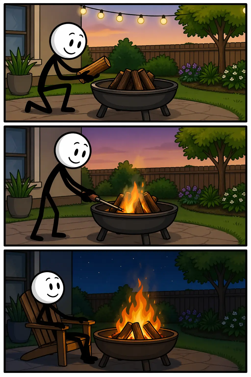 Een Toonwords-strip met drie panelen waarin een stickman hout opstapelt, een vuur aansteekt en ontspannen naar vlammen kijkt in een tuinsetting bij avond en nacht.