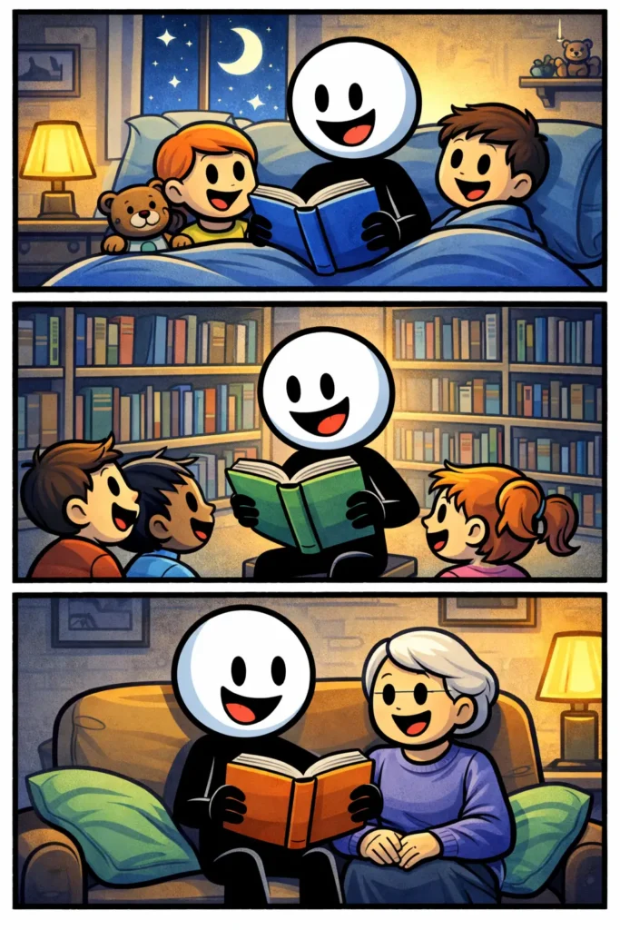 Een strip met drie panelen waarin een stickman aan het voorlezen is: eerst opent hij een boek, daarna leest hij hardop voor aan een luisteraar en tenslotte luisteren anderen aandachtig terwijl het verhaal verdergaat.