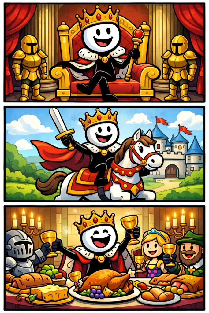 Een stickman beleeft een vorstelijk moment: eerst wordt hij begroet in een groot paleis, daarna zit hij ontspannen aan een rijk gedekte tafel, en tot slot staat hij trots met een kroon op zijn hoofd in een luxueuze zaal.