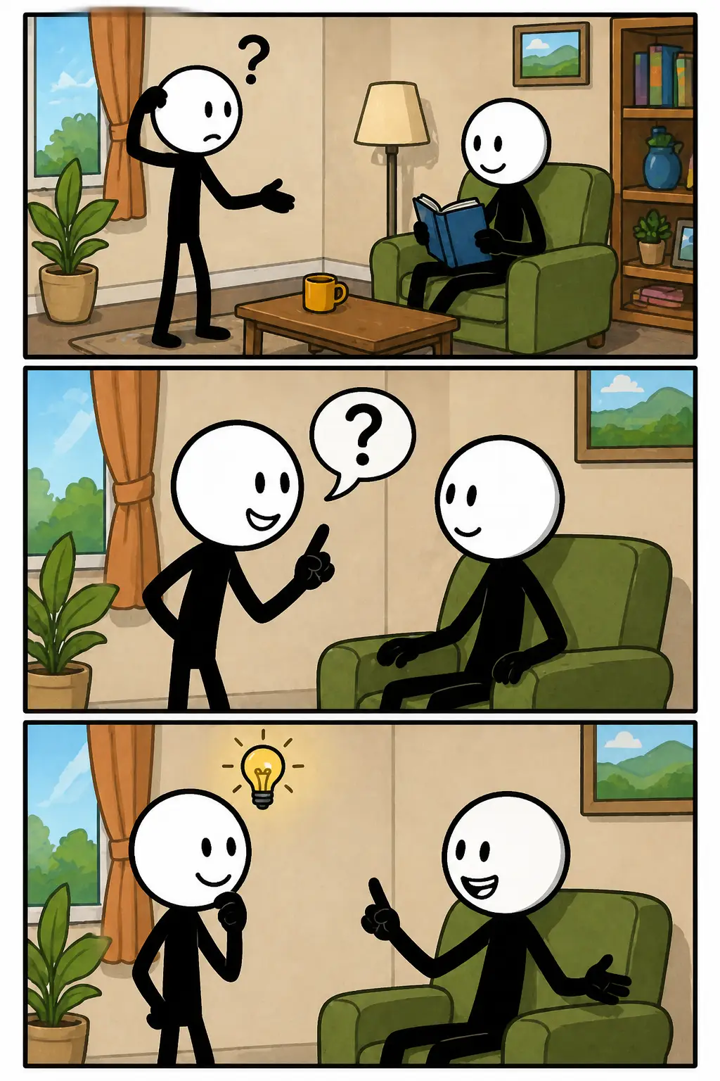 Vraag: een stickman kijkt vragend met een handgebaar, stelt daarna een vraag aan een ander terwijl ze samen zitten, en in het laatste paneel ontstaat een idee terwijl ze elkaar begrijpen.