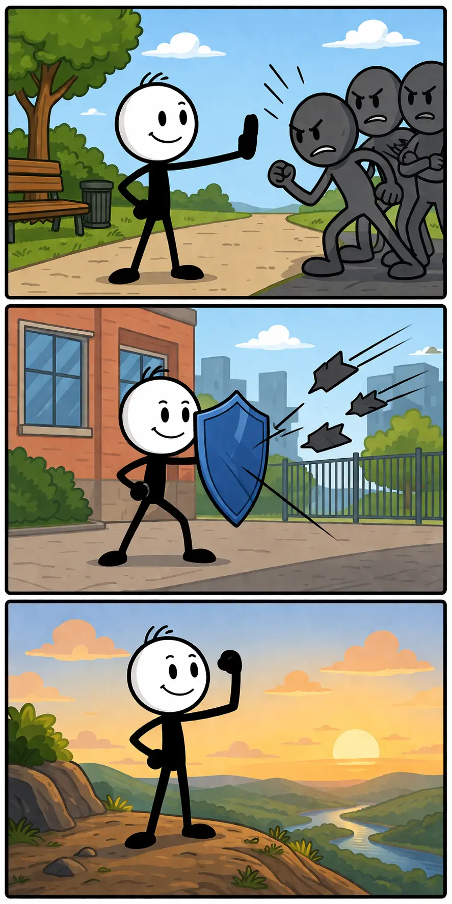 Drie panelen met een Toonwords-stickman die weerbaar is: eerst houdt hij een tegenstander tegen met een stopgebaar, daarna weert hij aanvallen af met een schild, en tot slot staat hij sterk en zelfverzekerd op een heuvel bij zonsondergang.