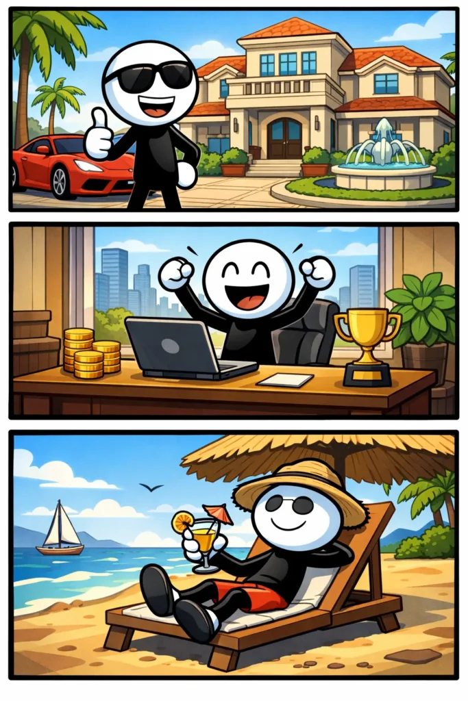 Een tevreden stickman die eerst hard werkt, daarna een mooi huis en spullen heeft en uiteindelijk ontspannen geniet in een comfortabele omgeving, wat het woord welvaart uitbeeldt.