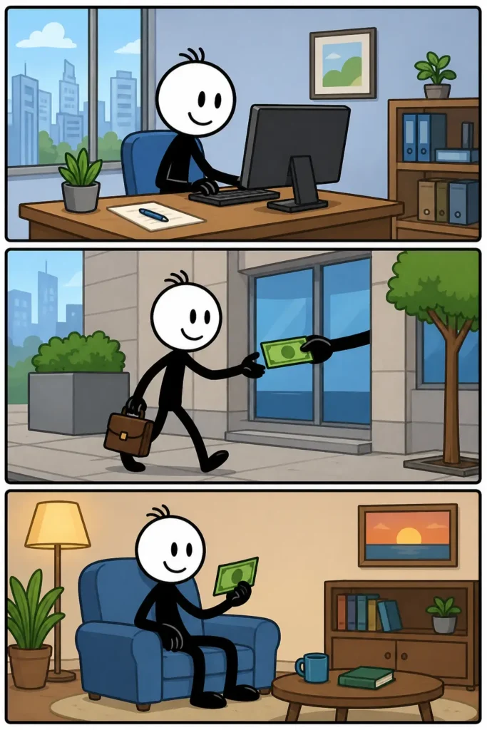 Werken voor geld: een stickman begint thuis, werkt geconcentreerd op kantoor en ontvangt daarna zichtbaar tevreden loon voor zijn inzet.