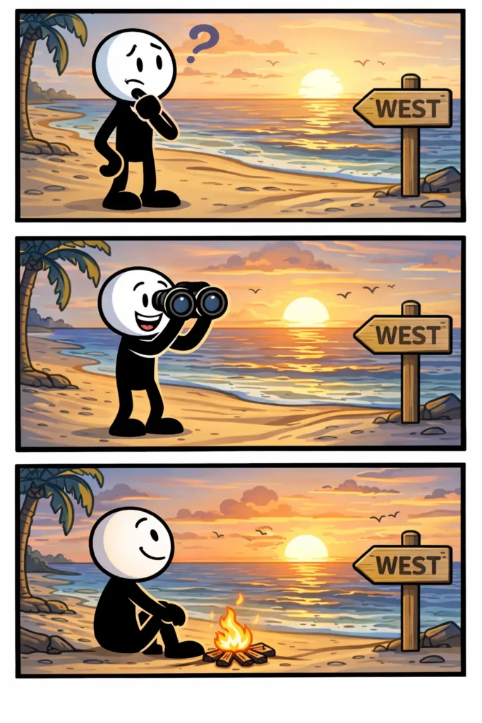 Een Toonwords-strip met drie panelen: een stickman wijst naar de westkant waar de zon ondergaat, loopt die richting op langs een kustlijn en kijkt tevreden uit over de horizon in het warme avondlicht.