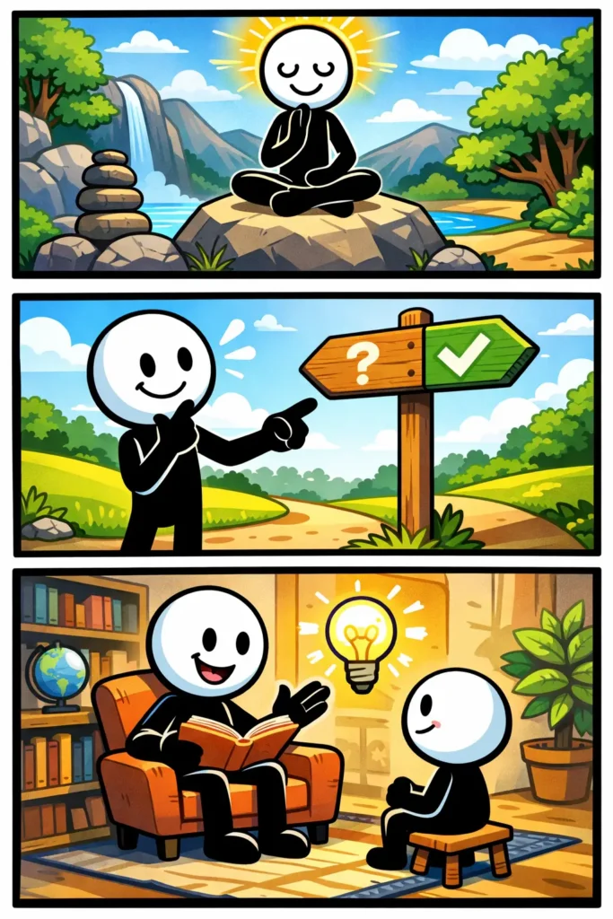 Een stickman zit rustig mediterend op een rots bij een waterval, kiest daarna bewust een pad en deelt vervolgens inzichten met een ander, als verbeelding van wijsheid.