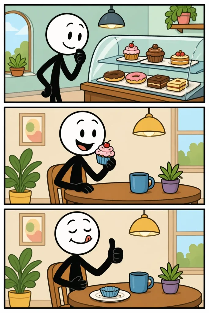 Een strip met drie panelen in Toonwords-stijl over zoet: een stickman proeft iets lekkers, geniet zichtbaar van de smaak en deelt vervolgens iets zoets met een glimlach in een andere omgeving.
