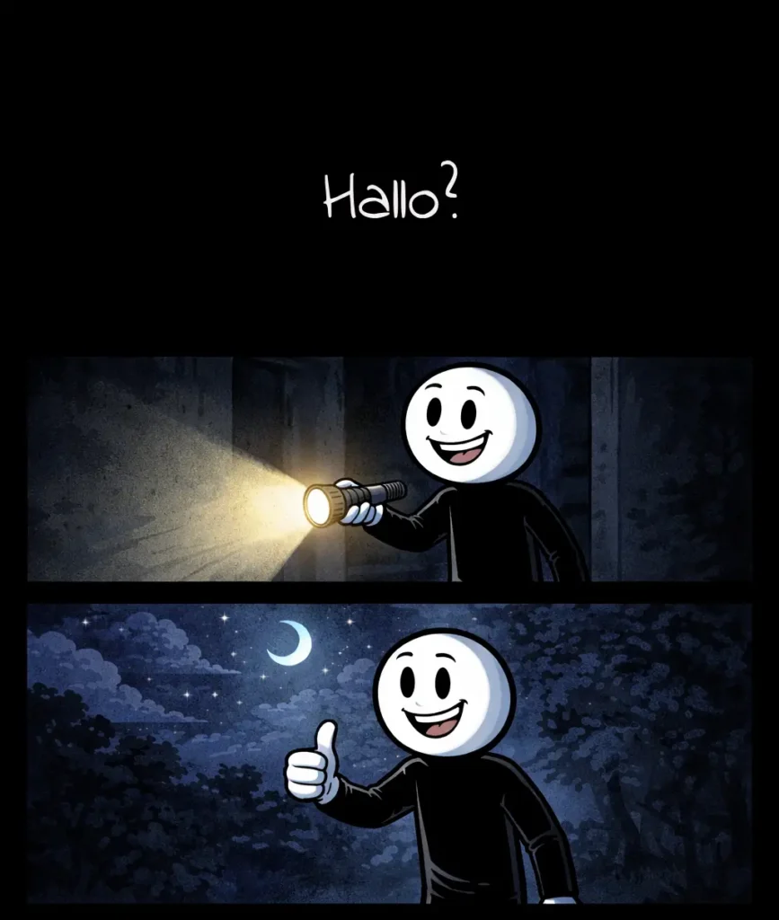 Stickman beweegt door drie scènes waarin het steeds donker is, van volledige duisternis naar licht zoeken en uiteindelijk comfortabel zijn in het donker bij het woord Donker