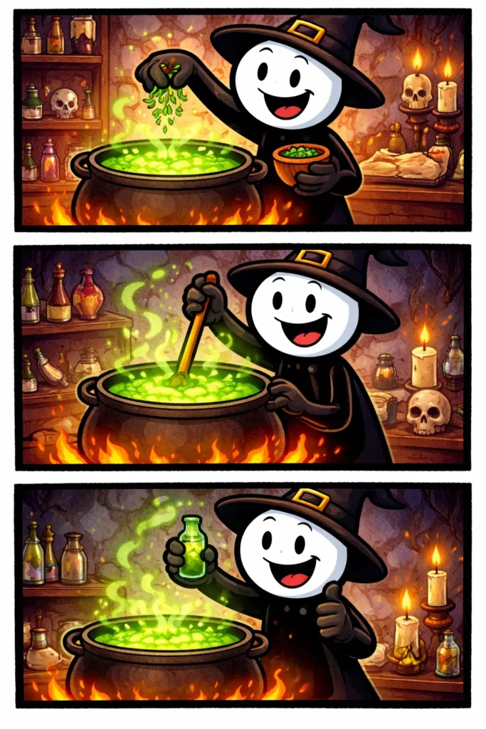 Een kleurrijke Toonwords-strip van een heksenketel: een stickman met witte kop en zwart lichaam verzamelt ingrediënten in een bos, roert in een borrelende heksenketel boven een vuur en kijkt blij naar de dampende inhoud.