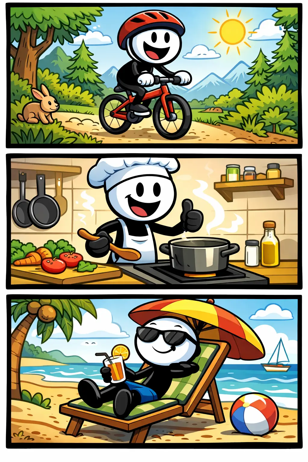 Een stickman met witte kop en zwart lichaam die in drie verschillende situaties verschijnt: fietsend in de natuur, kokend in een keuken en ontspannend op het strand, als visuele weergave van het woord iemand.