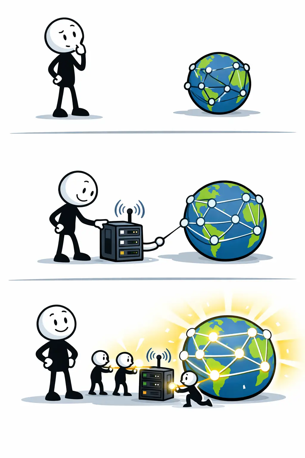 Stickman bouwt een node die een zwak netwerk versterkt tot een krachtig verbonden geheel door samenwerking en delegatie