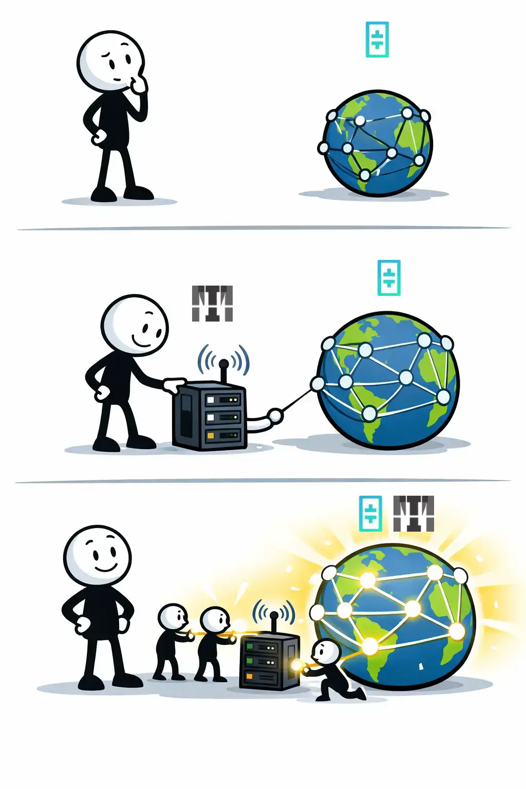 Stickman bouwt een node die een zwak netwerk versterkt tot een krachtig verbonden geheel door samenwerking en delegatie