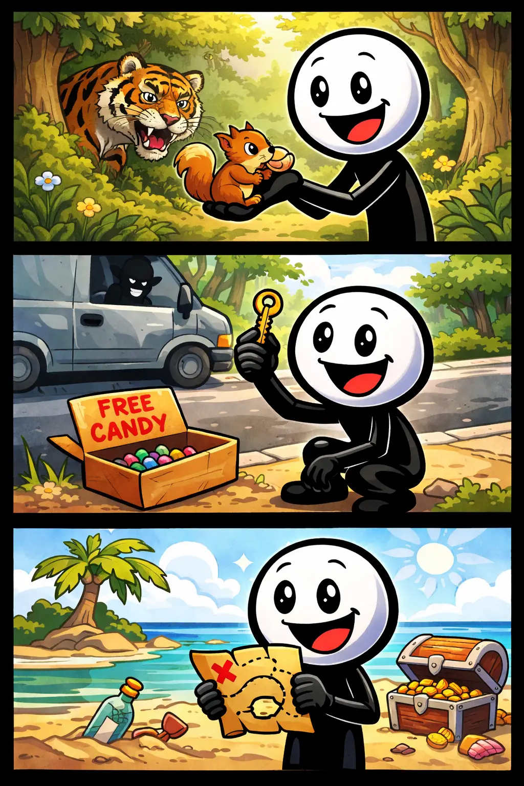 Naïviteit: een vrolijke stickman vertrouwt alles wat hij ziet; eerst geeft hij eten aan een dier in het bos, daarna pakt hij zonder twijfel iets aan bij een busje, en tenslotte volgt hij een schatkaart op een zonnig strand.