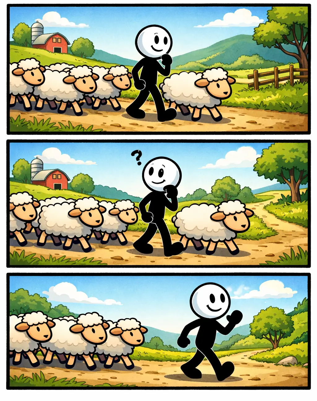 Een stickman loopt eerst mee in een groep schapen die allemaal dezelfde kant op gaan, kijkt dan twijfelend om zich heen, en kiest uiteindelijk een eigen richting terwijl de rest blijft volgen.