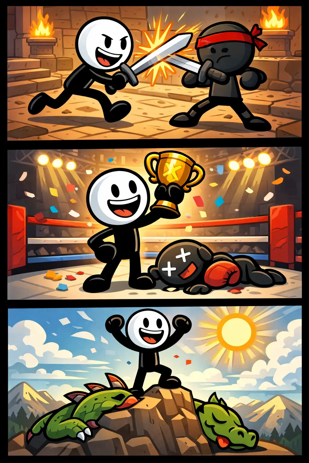 Een vrolijke stickman met witte kop en zwarte lichaam verslaat tegenstanders in drie scènes: eerst een zwaardgevecht in een stenen arena, daarna een overwinning in een boksring met een beker, en tot slot staat hij juichend op een berg naast een verslagen draak, alles in kleurrijke Toonwords-stijl.