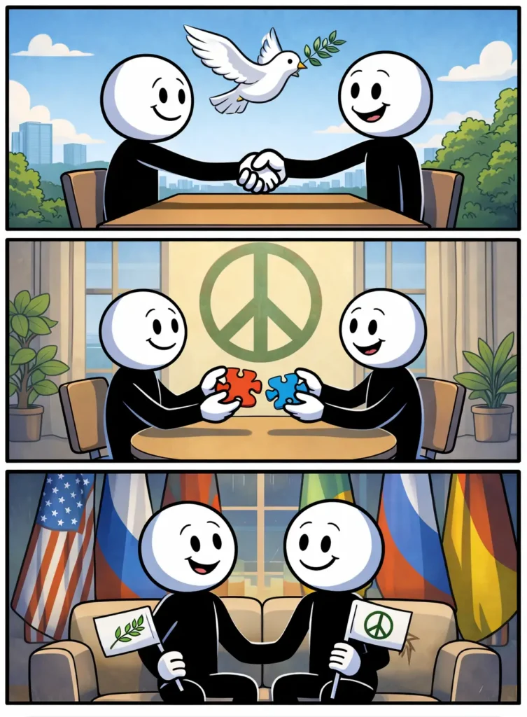 Drie panelen onder elkaar in Toonwords-stijl met een stickman met witte kop en zwart lichaam. In het eerste paneel schudden twee figuren elkaar de hand aan een tafel met een vredesduif erboven. In het tweede paneel leggen ze samen puzzelstukken in een ruimte met een vredessymbool op de muur. In het derde paneel zitten ze samen op een bank met vlaggen op de achtergrond en houden symbolen van vrede vast. Dit beeldt uit: Vredesgesprekken.