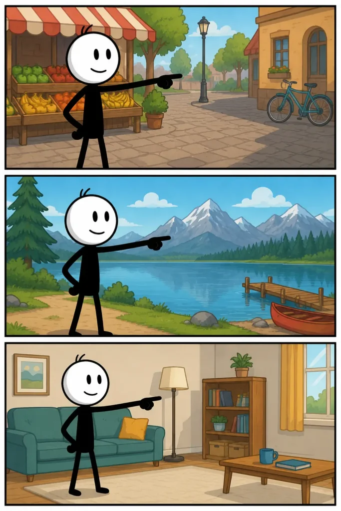 Aanwijzen: een Toonwords-strip met drie verschillende panelen waarin een stickman iets aanwijst op verschillende locaties. In het eerste paneel wijst de stickman naar een straat op een marktplein, in het tweede paneel naar een meer met bergen en een steiger, en in het derde paneel naar een hoek in een gezellige woonkamer. De stickman heeft twee ogen en een glimlach en gebruikt steeds een uitgestoken arm om iets duidelijk te maken.