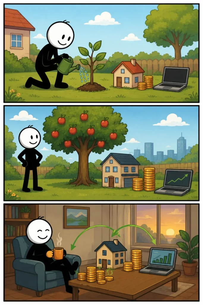 Toonwords Activa: een stickman bouwt stap voor stap waarde op. In het eerste paneel verzamelt hij verschillende waardevolle bezittingen. In het tweede paneel groeien deze zichtbaar in omvang en betekenis. In het derde paneel profiteert hij tevreden van de opbrengsten terwijl de bezittingen behouden blijven. Kleurrijke strip met drie panelen onder elkaar, witte kop, zwart lichaam en positieve uitstraling.