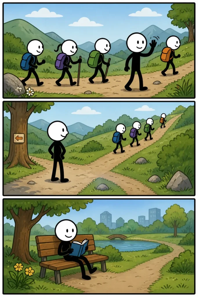 Een kleurrijke Toonwords-strip met drie panelen onder elkaar. Een stickman met witte ronde kop en zwart lichaam doet eerst enthousiast mee aan een groepsactiviteit in een modern buurthuis. In het tweede paneel loopt de stickman twijfelend richting de uitgang terwijl anderen doorgaan. In het derde paneel zit de stickman rustig buiten op een bankje bij een stadsplein en kijkt ontspannen toe vanaf een afstand. De gezichtsuitdrukkingen veranderen van enthousiast naar besluitvaardig en kalm.