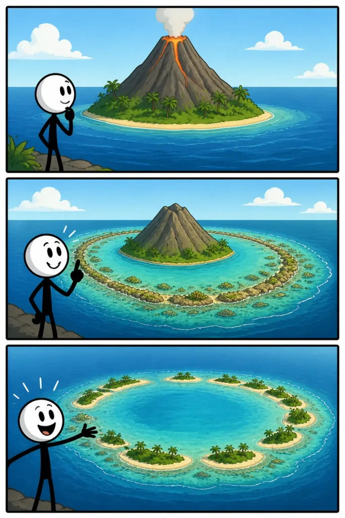 Atol: een vrolijke stickman staat op een ringvormig eiland van zand en palmbomen, kijkt uit over een heldere lagune in het midden en de oceaan eromheen, terwijl in drie panelen de vorm en rust van een atol zichtbaar worden vanuit verschillende perspectieven.
