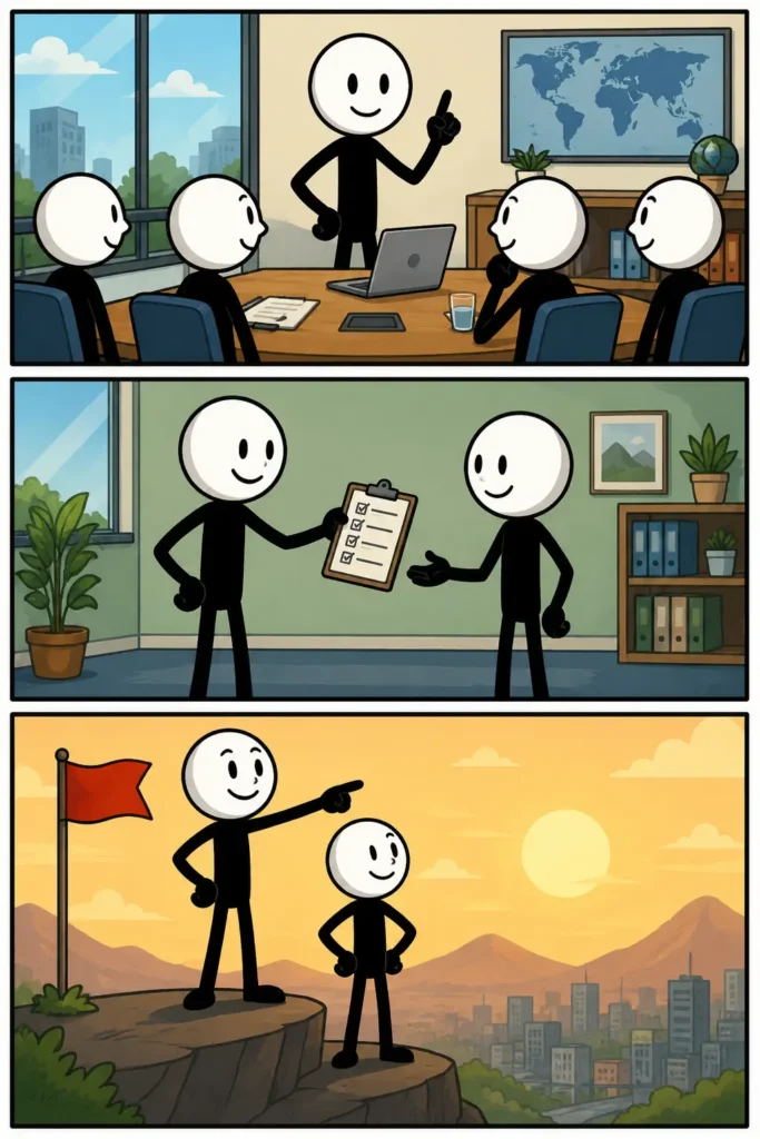 Een kleurrijke Toonwords-strip met drie panelen onder elkaar over het woord Autoriteit. In het eerste paneel staat een stickman met een nette pet en opgeheven hand op een druk stationsplein terwijl andere stickmannen luisteren. In het tweede paneel wijst dezelfde stickman vriendelijk de weg in een controlekamer met schermen en knoppen. In het derde paneel helpt de stickman rustig twee anderen bij een groot gebouw met pilaren, terwijl iedereen tevreden kijkt. De witte stickmanhoofden hebben duidelijke gezichtsuitdrukkingen en elk paneel heeft een ander decor.
