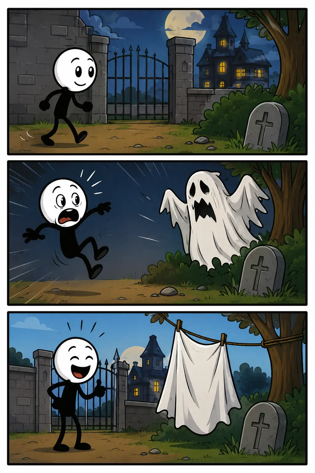 Een kleurrijke Toonwords-strip met drie panelen over bangmakerij. In een donkere tuin verstopt een stickman zich achter een struik terwijl een spookdecoratie aan een boom hangt. In het tweede paneel schrikt een andere stickman zichtbaar van het zwevende spook. In het laatste paneel lachen de figuren samen in het daglicht terwijl het neppe spook vriendelijk tussen hen hangt.