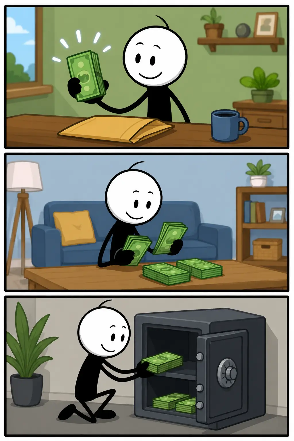 Een verticale stripafbeelding in Toonwords-stijl met drie kleurrijke panelen. Een stickman met witte ronde kop en zwart lichaam kijkt in het eerste paneel nieuwsgierig naar een kassabon op een toonbank. In het tweede paneel telt de stickman munten en briefgeld aan een houten tafel met een tevreden glimlach. In het derde paneel wijst de stickman vrolijk naar een groot scherm waarop een duidelijk bedrag zichtbaar is, terwijl de omgeving een moderne winkelruimte laat zien.