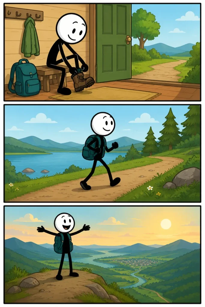 Een vrolijke Toonwords-strip met drie panelen onder elkaar. In het eerste paneel staat een stickman met een rugzak bij een startlijn in een groen park. In het tweede paneel zet de stickman enthousiast de eerste stappen over een pad met bloemen en zonlicht. In het derde paneel werkt de stickman blij aan een tafel in een kleurrijke kamer met open boek en lamp. Het woord Beginnen staat centraal als start van een nieuwe actie.
