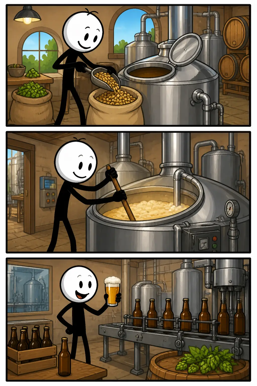 Bierbrouwerij: een stickman staat eerst bij grote ketels waar ingrediënten worden gemengd, daarna roert hij enthousiast in een dampende brouwketel, en in het laatste paneel vult hij flessen terwijl schuimend bier klaarstaat.