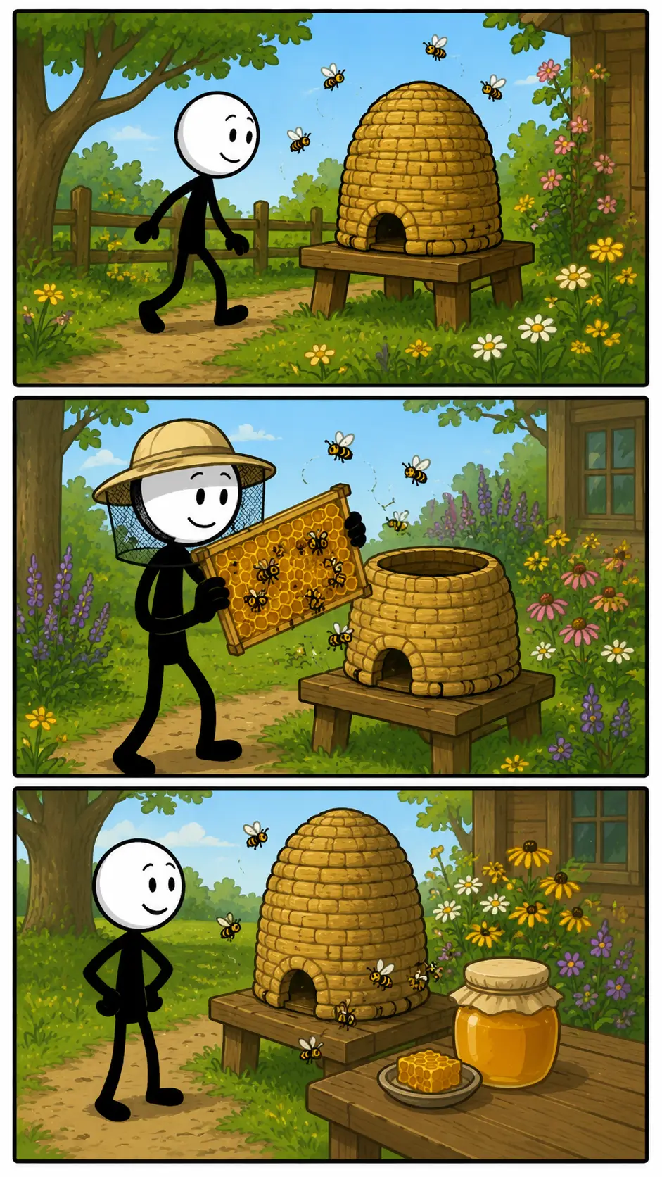 Een kleurrijke Toonwords-strip met drie panelen onder elkaar over een bijenkorf. In het eerste paneel ontdekt een nieuwsgierige stickman een grote bijenkorf tussen bloemen in een zonnige tuin. In het tweede paneel vliegen meerdere bijen vrolijk rond de korf terwijl de stickman voorzichtig toekijkt. In het derde paneel houdt de stickman tevreden een pot honing vast naast de bijenkorf in een groen veld. De stickman heeft een witte kop, zwart lichaam en een positieve gezichtsuitdrukking.