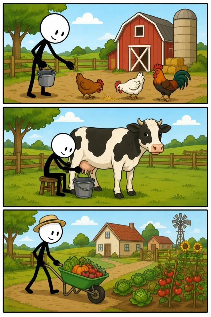 Een vrolijke Toonwords-strip met drie panelen onder elkaar over het woord “Boerderij”. Een stickman met witte ronde kop en zwart lichaam werkt op een landelijke boerderij met verschillende activiteiten. In het eerste paneel verzorgt hij dieren op een erf met een schuur. In het tweede paneel rijdt hij met een tractor langs akkers en hooibalen. In het derde paneel staat hij tevreden tussen volle manden met groenten en andere producten. De strip laat zien hoe een boerderij draait om landbouw, dieren en voedselproductie.