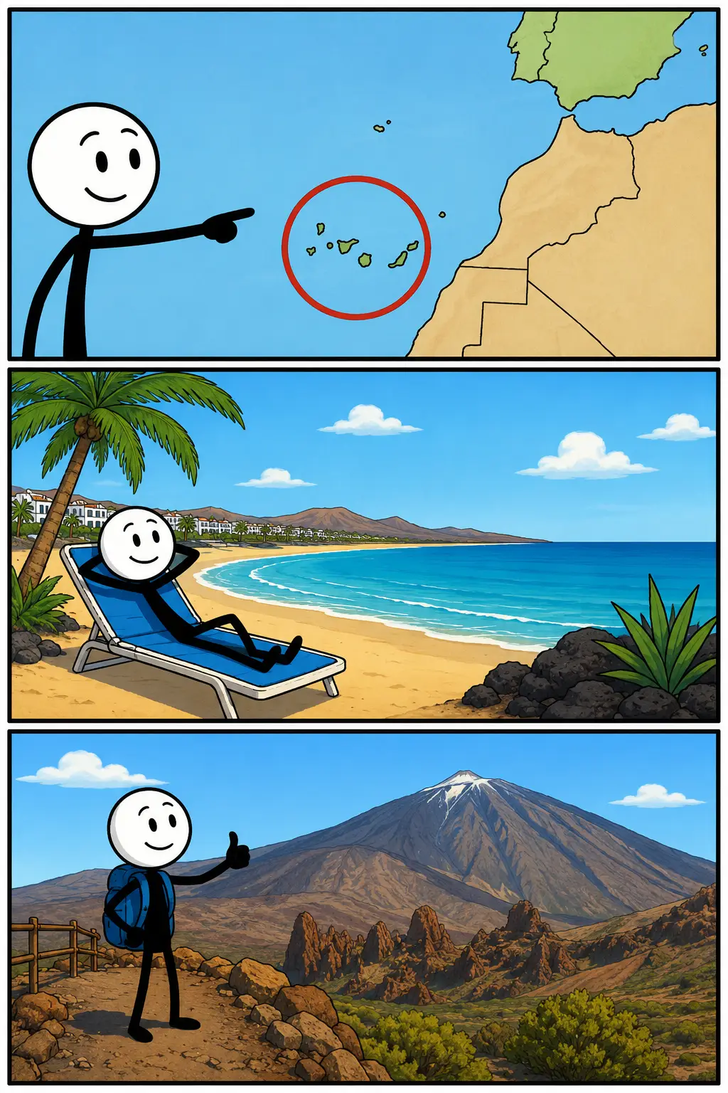 Een kleurrijke Toonwords-stripafbeelding over de Canarische eilanden met drie panelen onder elkaar. In het eerste paneel wijst een vrolijke stickman op een kaart waar de eilandengroep voor de kust van Afrika ligt. In het tweede paneel ontspant de stickman op een zonnig strand met palmbomen en blauwe zee. In het derde paneel staat de stickman bij de Pico del Teide met een rugzak en duim omhoog in een bergachtig landschap.