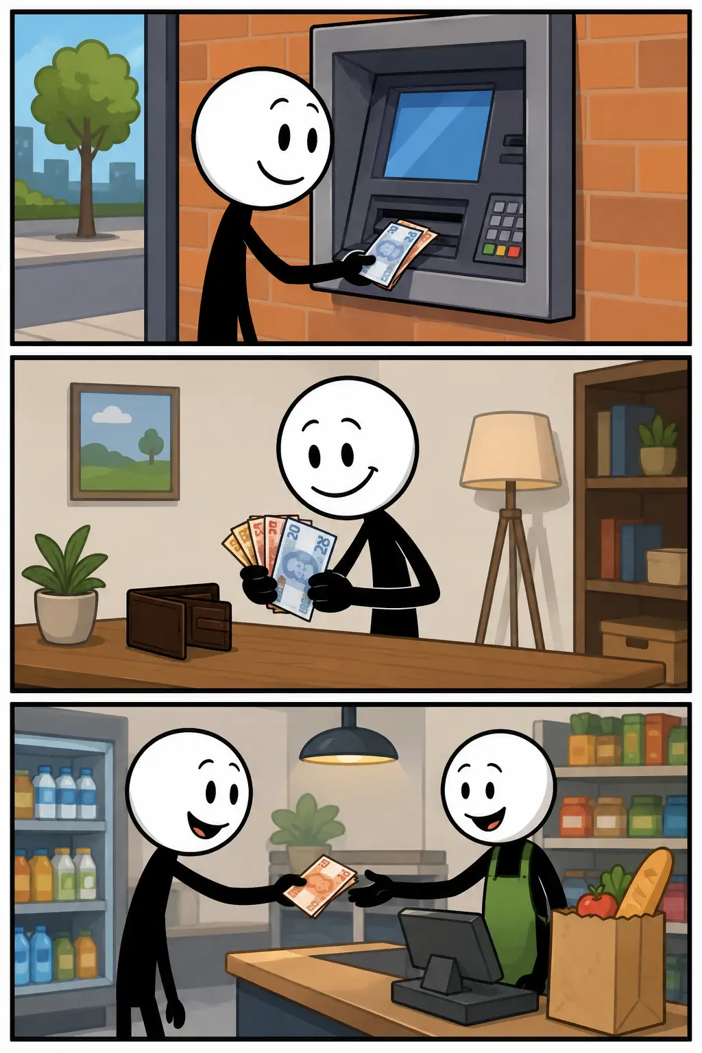 Chartaal geld in Toonwords-stijl met drie verticale strippanelen. Een stickman met witte kop en zwart lichaam gebruikt papieren bankbiljetten en munten in verschillende situaties. In het eerste paneel haalt de stickman contant geld uit een portemonnee bij een kleurrijke marktkraam. In het tweede paneel betaalt de stickman met munten bij een kleine winkelbalie. In het derde paneel stopt de stickman tevreden bankbiljetten in een spaarpot in een andere omgeving. Elk paneel heeft een ander decor, heldere kleuren en zwarte kaders.