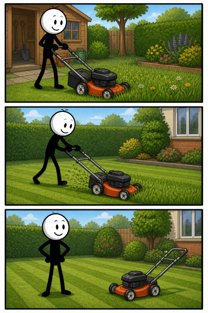 Het gras maaien: een stickman duwt eerst een grasmaaier door een hoge tuin, daarna zie je hem netjes banen maken terwijl het gras korter wordt, en in het laatste paneel kijkt hij tevreden naar een strak gemaaid gazon.