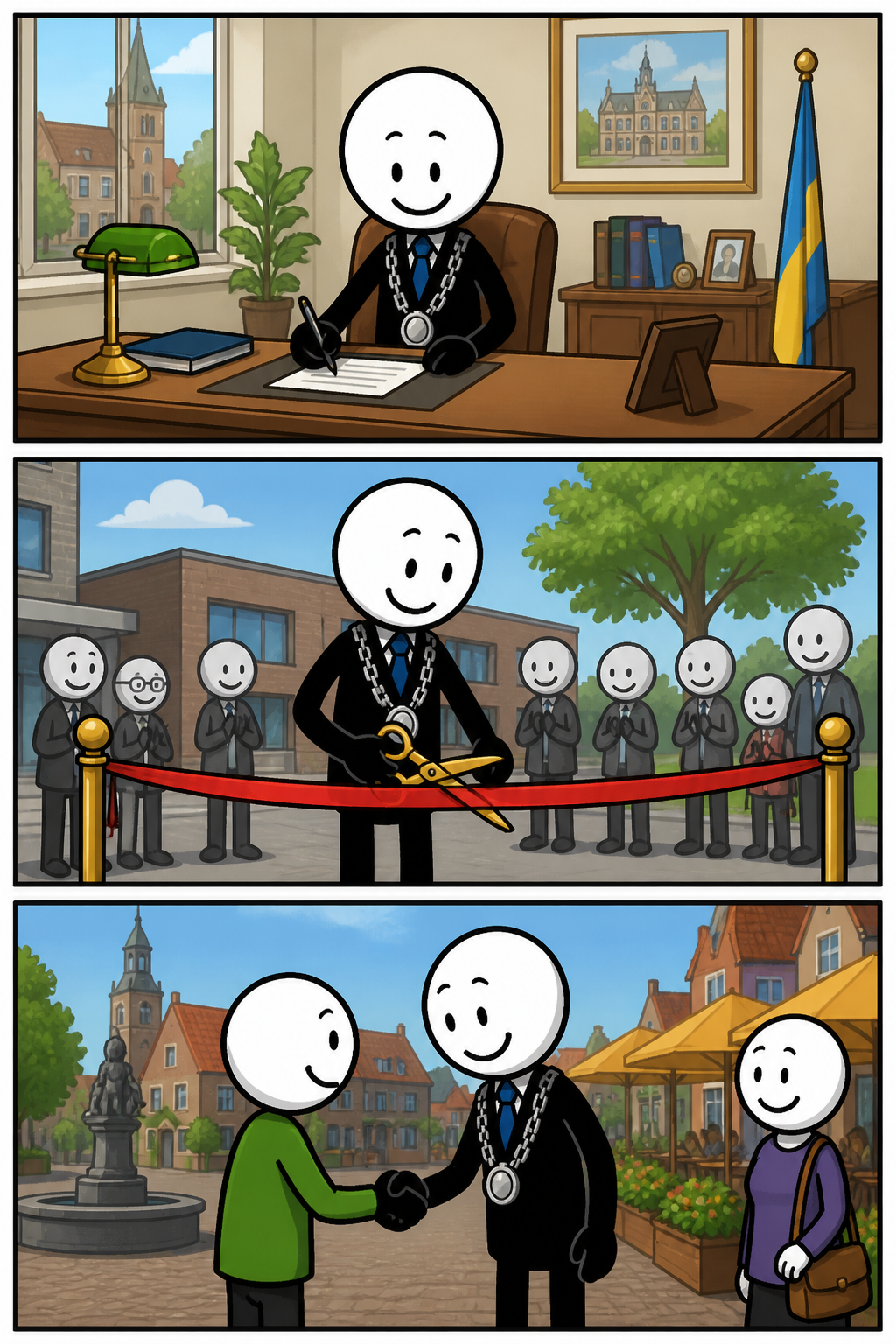 Een Toonwords-strip met drie panelen onder elkaar. In paneel 1 staat een stickman met een ambtsketting voor een stadhuis en begroet mensen vriendelijk. In paneel 2 wijst dezelfde figuur naar een plattegrond terwijl andere stickfiguren luisteren, alsof er plannen worden besproken. In paneel 3 schudt de burgemeester handen met bewoners op een plein, zichtbaar betrokken bij de gemeenschap.