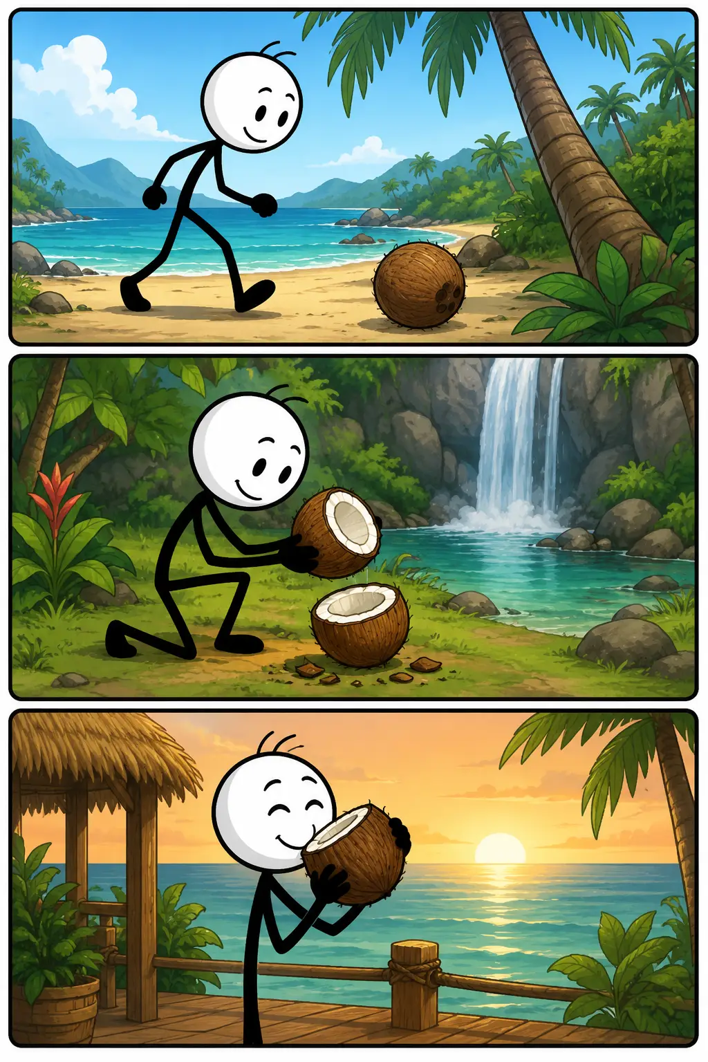 Een kleurrijke Toonwords-strip met drie panelen over een cocosnoot. In het eerste paneel loopt een vrolijke stickman over een tropisch strand richting een cocosnoot onder een palmboom. In het tweede paneel kraakt de stickman de cocosnoot open bij een waterval in een groene jungle. In het derde paneel drinkt de stickman tevreden uit de geopende cocosnoot op een houten terras met uitzicht op zee tijdens zonsondergang.