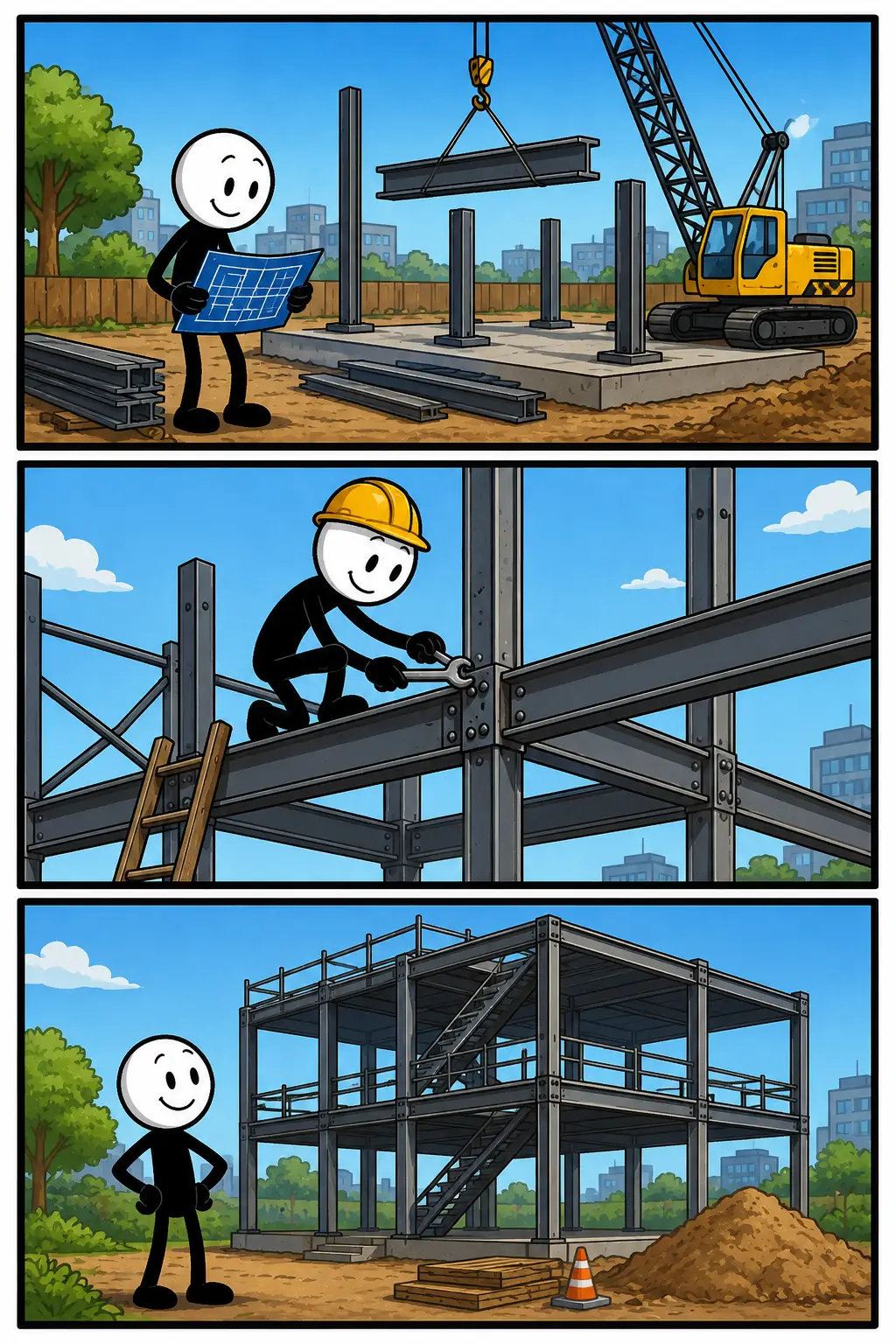 Een kleurrijke Toonwords-strip met drie panelen onder elkaar over constructie. In het eerste paneel bekijkt een stickman een bouwtekening naast stalen balken en een hijskraan op een bouwplaats. In het tweede paneel monteert de stickman metalen onderdelen hoog in een stalen frame met gereedschap in de hand. In het derde paneel staat de stickman trots naast een grote metalen constructie die bijna klaar is. De stickman heeft een witte kop, zwart lichaam en een vrolijke gezichtsuitdrukking.