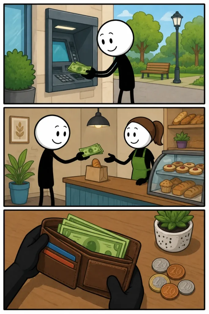 Een kleurrijke Toonwords-strip met drie panelen onder elkaar over het woord ‘Contant geld’. In het eerste paneel haalt een vrolijke stickman bankbiljetten uit een geldautomaat in een parkachtige omgeving. In het tweede paneel betaalt de stickman met briefgeld in een warme bakkerij terwijl een medewerker glimlachend helpt. In het derde paneel houdt de stickman een open portemonnee vast met briefgeld en muntjes op tafel. De strip laat zien hoe contant geld gebruikt wordt om direct te betalen, geld bij je te dragen en aankopen af te rekenen zonder digitale betaling.
