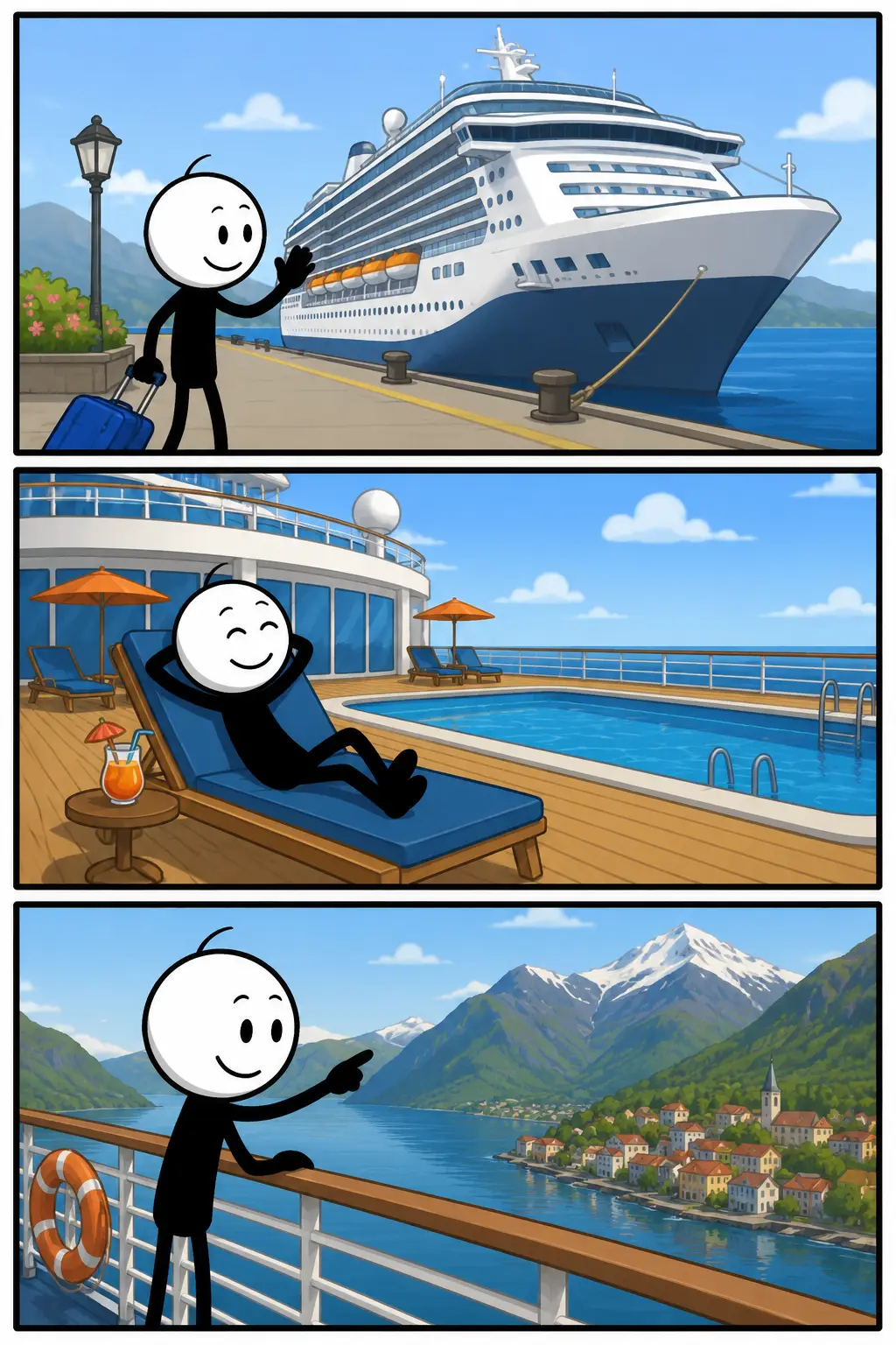 Een verticale stripafbeelding in Toonwords-stijl met drie kleurrijke panelen. Een stickman met witte ronde kop en zwart lichaam staat in het eerste paneel enthousiast bij een groot cruiseschip in een zonnige haven. In het tweede paneel leunt de stickman vrolijk tegen de reling terwijl het cruiseschip over zee vaart langs meeuwen en golven. In het derde paneel geniet de stickman ontspannen op het dek van het cruiseschip met uitzicht op een tropische zonsondergang en palmbomen in de verte.