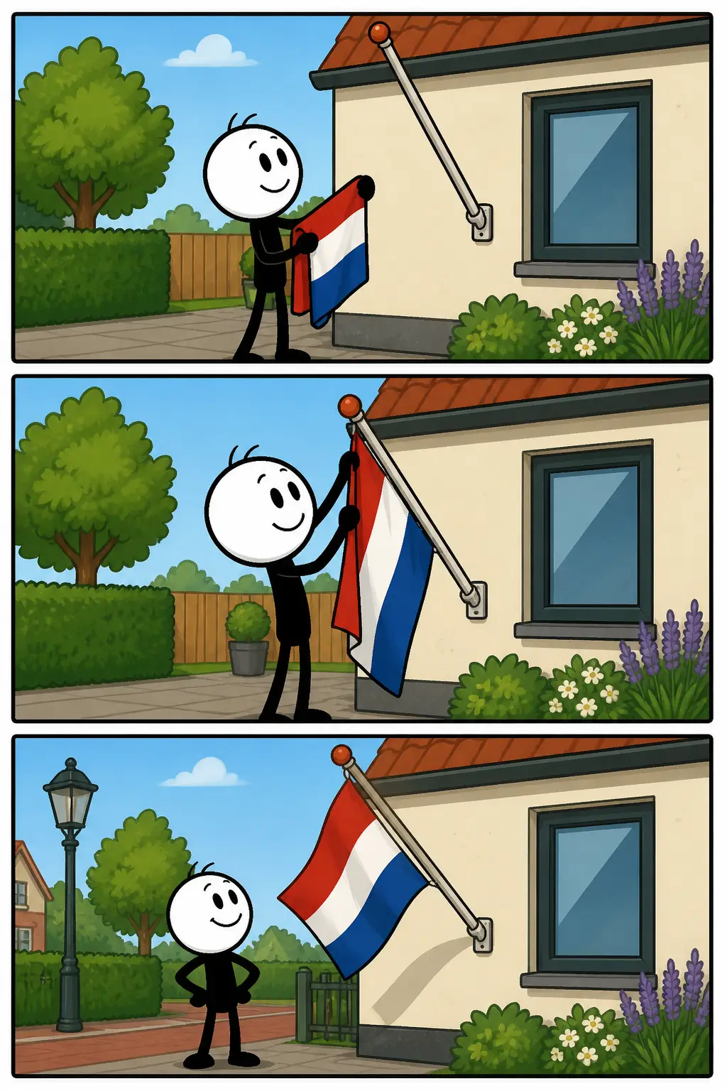 Een vrolijke stickman hangt de vlag uit: eerst pakt hij een opgevouwen vlag uit een kast in een tuin met bloemen, daarna bevestigt hij de vlag aan een vlaggenstok naast een huis, en in het laatste paneel wappert de vlag trots in de wind terwijl de stickman blij toekijkt.