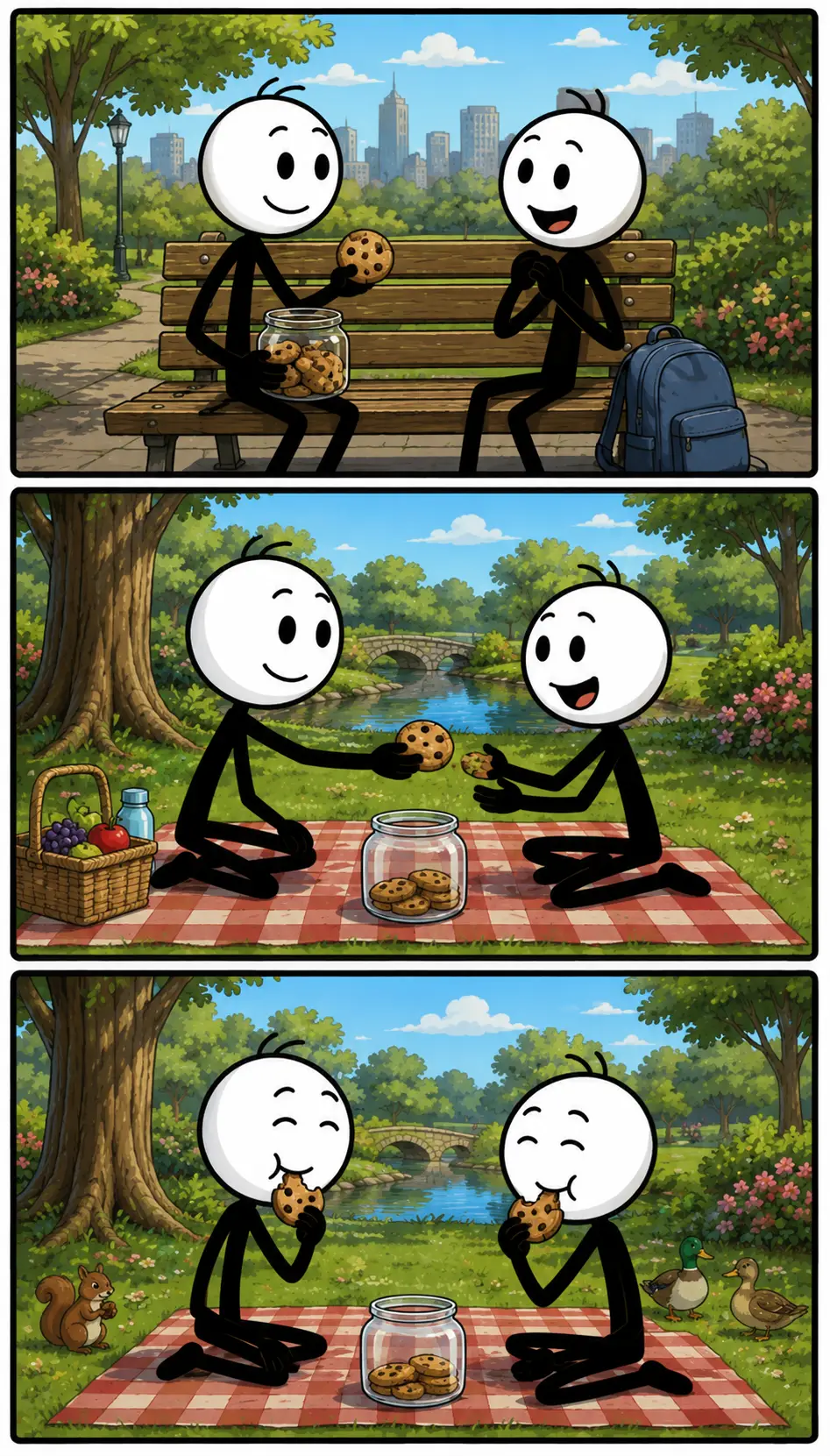 Een kleurrijke Toonwords-strip in drie panelen met stickfiguren met witte hoofden en zwarte lichamen in een vrolijk parkdecor. In het eerste paneel houdt een stickman een grote pizza vast terwijl een andere nieuwsgierig kijkt. In het tweede paneel snijdt de stickman de pizza in stukken en geeft een deel weg met een glimlach. In het derde paneel zitten beide stickfiguren tevreden samen op een bankje terwijl ze ieder een stuk pizza eten. Het woord Deel staat centraal door het verdelen en samen genieten van het eten.