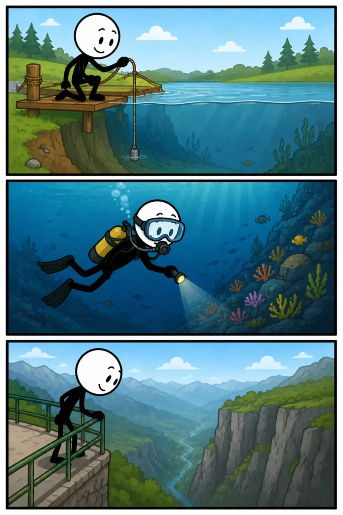 Een kleurrijke Toonwords-strip met drie panelen onder elkaar over het woord ‘Diepte’. In het eerste paneel kijkt een stickman nieuwsgierig in een diepe put in een grasveld. In het tweede paneel zwemt dezelfde stickman met snorkel onder water langs donkere rotsen en vissen. In het derde paneel staat de stickman op een hoge brug terwijl beneden een rivier diep door een kloof stroomt. De strip laat verschillende vormen van diepte zien in een speelse Toonwords-stijl.