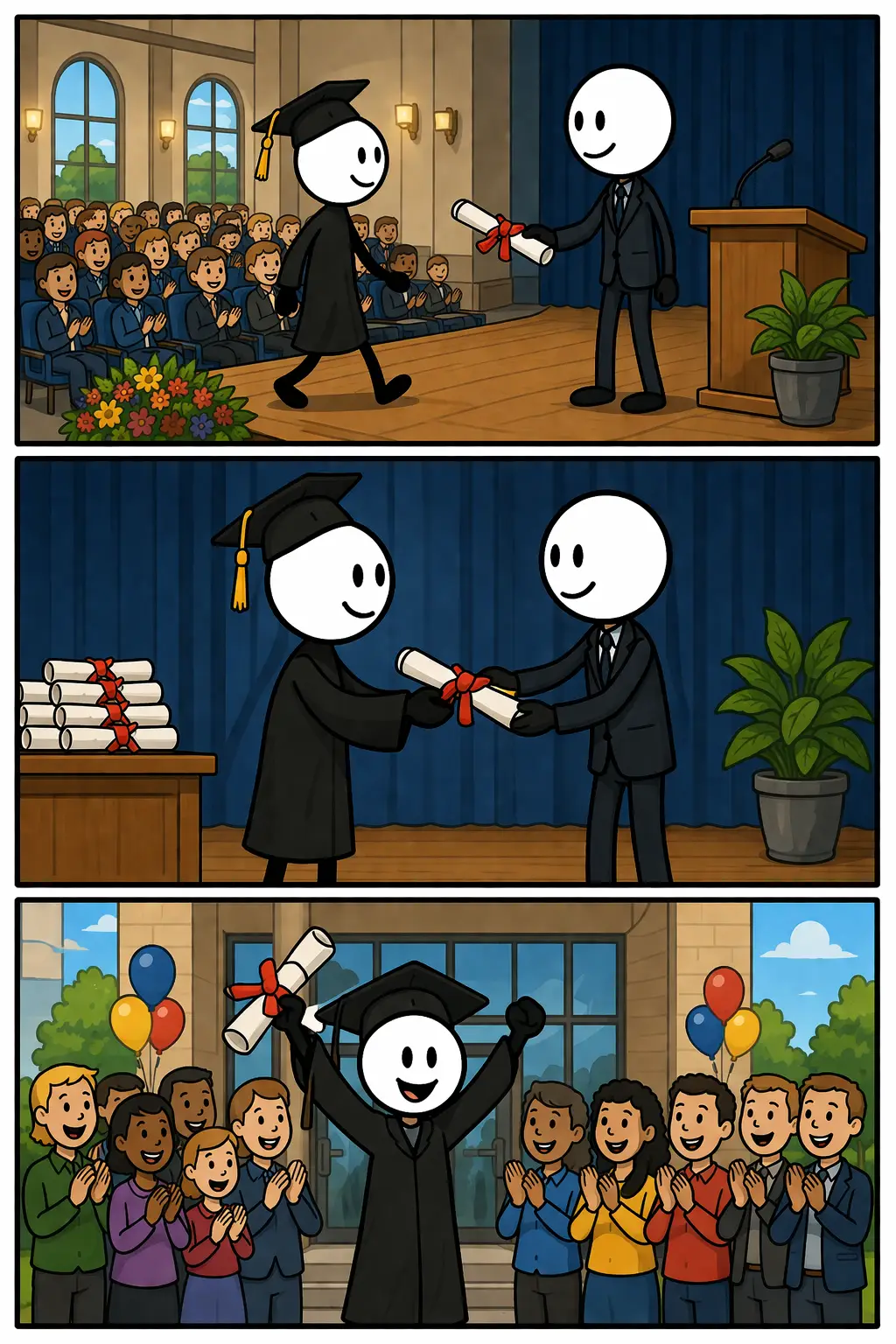 Een blije stickman ontvangt een diploma tijdens een diploma-uitreiking op een podium en viert daarna met applaus van het publiek.