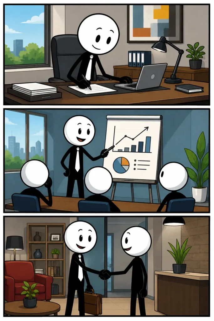 Een kleurrijke Toonwords-strip met drie panelen onder elkaar over directeur. In het eerste paneel staat een vrolijke stickman met witte ronde kop en zwart lichaam in een modern kantoor naast een groot bureau en een scherm. In het tweede paneel bespreekt de directeur plannen met andere stickfiguren in een vergaderruimte met grote ramen. In het derde paneel kijkt de directeur tevreden naar een fabriekshal terwijl medewerkers actief bezig zijn. Elk paneel heeft een ander decor en een positieve sfeer.