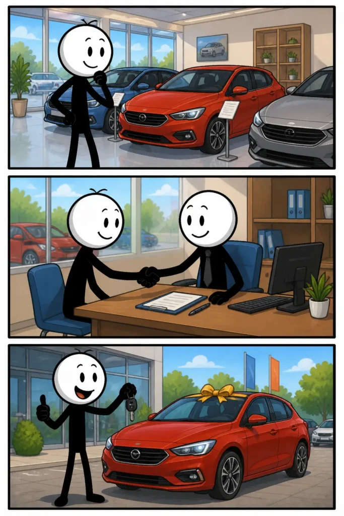 Een nieuwe auto kopen: een stickman bekijkt eerst verschillende auto’s in een showroom, daarna overlegt hij met een verkoper terwijl hij naar een model wijst, en in het laatste paneel rijdt hij blij weg in een glanzende nieuwe auto.